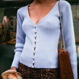 2019 Lente Nieuwe Stijlvolle Breien Enkele Breasted Parel Vest Trui Vrouw Diepe V-hals Lange Mouwen Jumper Kleding Jerseis