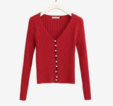 2019 Lente Nieuwe Stijlvolle Breien Enkele Breasted Parel Vest Trui Vrouw Diepe V-hals Lange Mouwen Jumper Kleding Jerseis